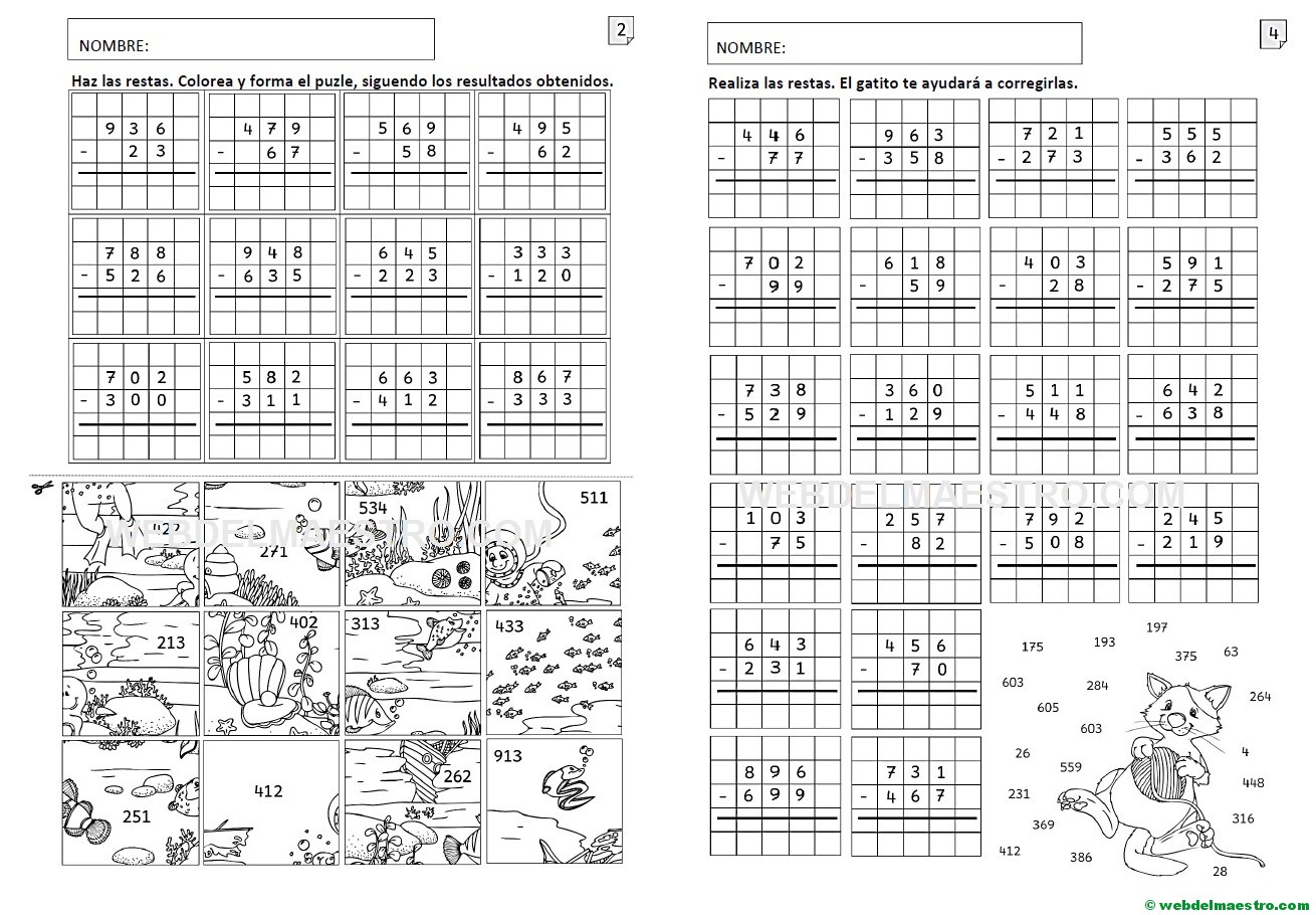 Restas de tres cifras con y sin llevadas