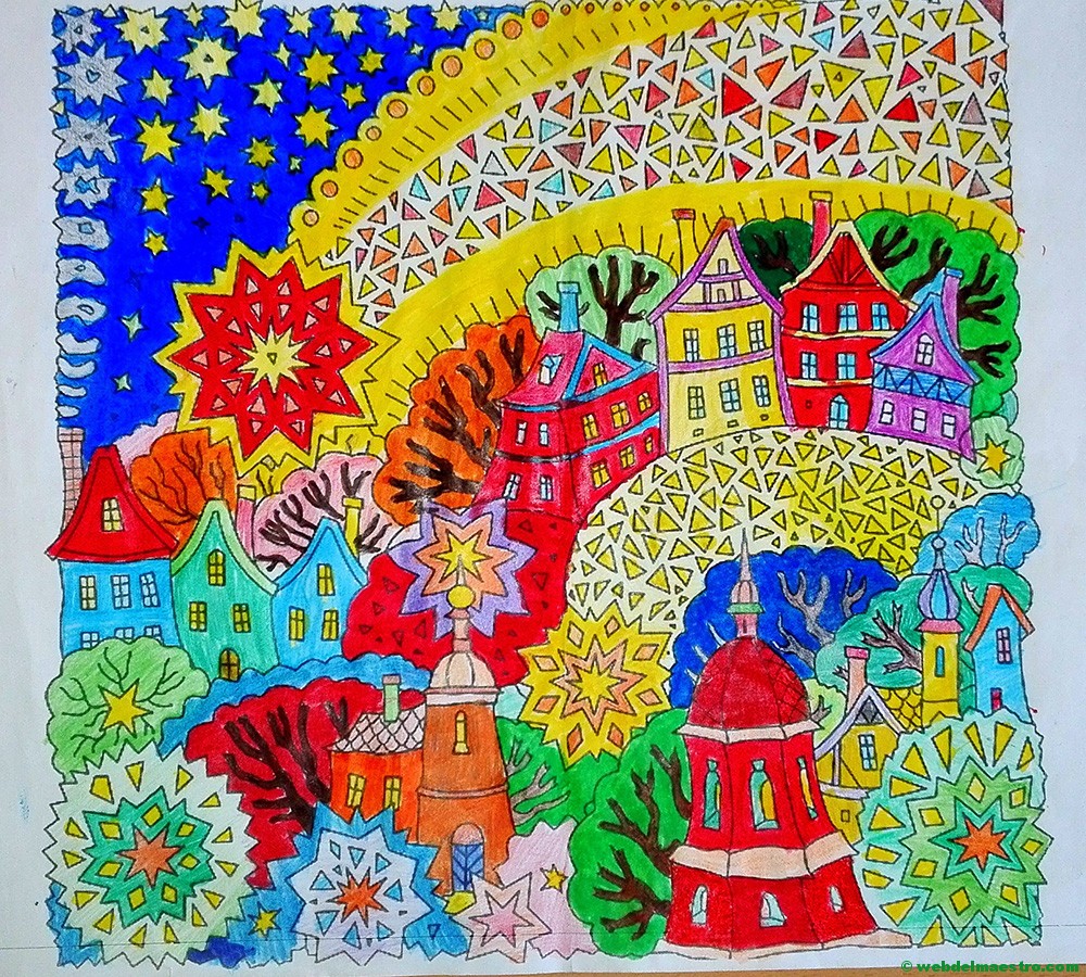 Dibujos de navidad a color-Estrellas de navidad con paisaje