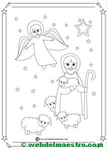 Dibujo de angel y pastor con rebaño