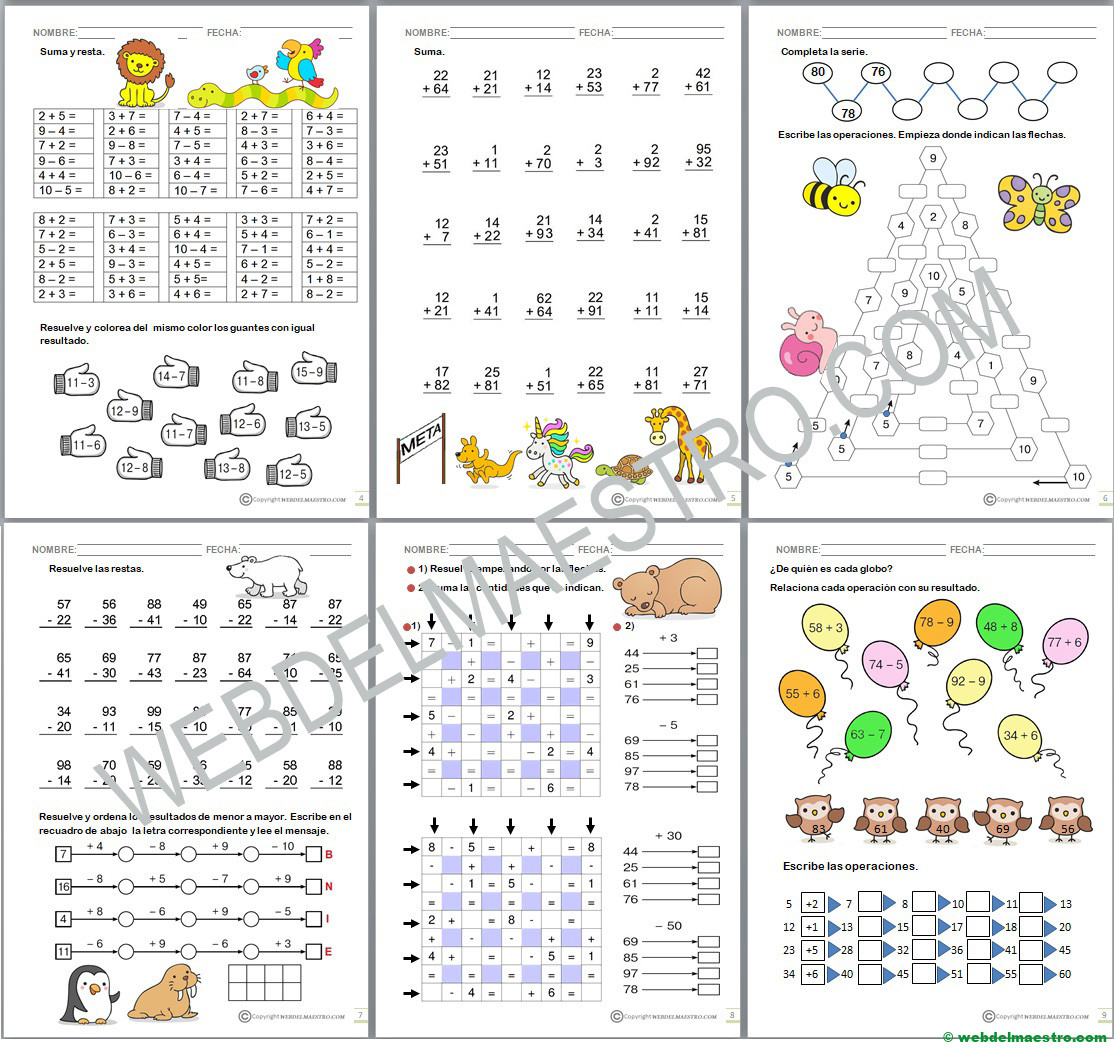 Sumas y restas primero Primaria