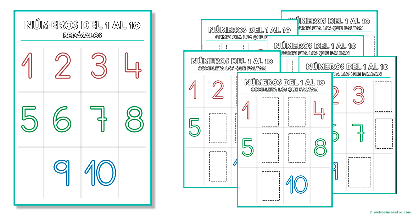 Números del 1 al 10 para imprimir en PDF + fichas